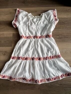 Marie Oliver White Mini Dress with Pink and Coral Embroidery Trim